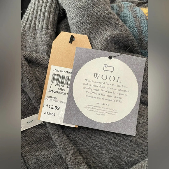 Woolrich Southwestern Cardigan Sweater Wool Blend Shawl Fringe Gray NWT Medium - Picture 8 of 15